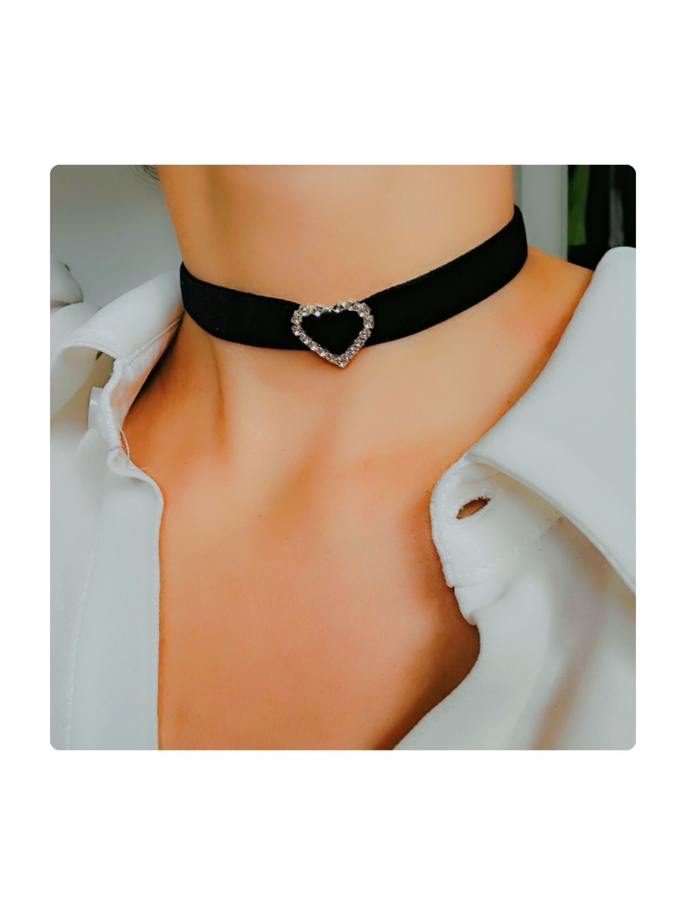 ★ Vintage Heart Velvet Choker Faux Crystal Stoned Necklace Black/Silver ★